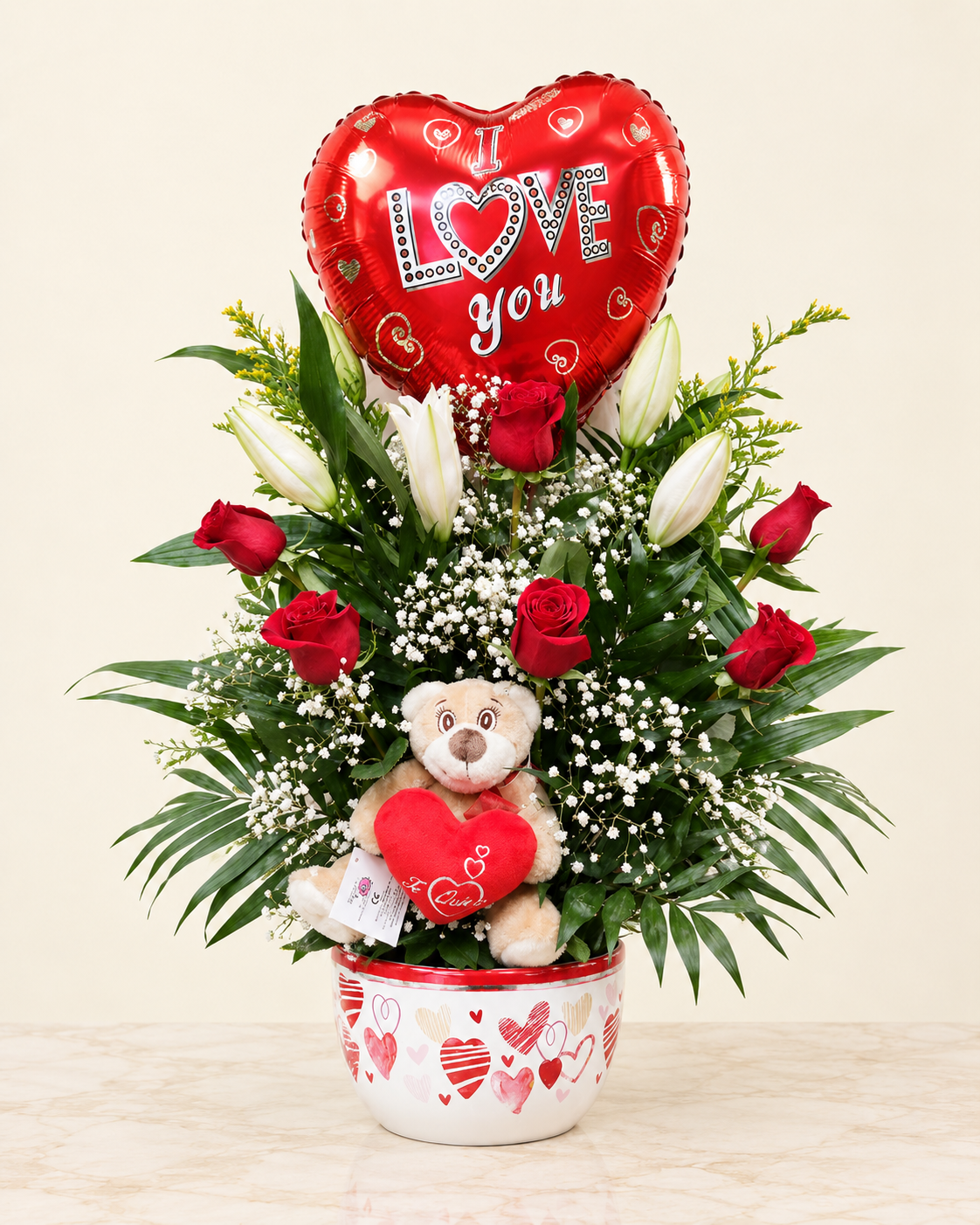 Centro de Rosas con Globo y Peluche